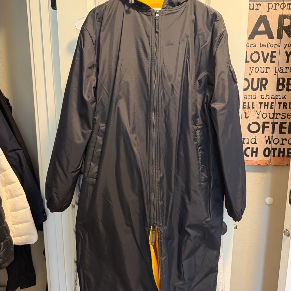 Men's or women’s Long Black Hooded Coat with Yellow Lining. Super warm